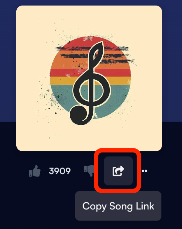 Click the share button under the song name in Suno AI app.